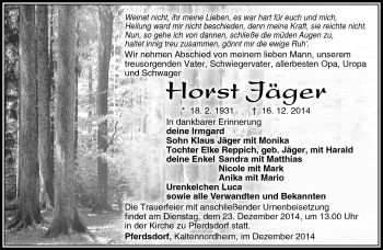 Traueranzeige von Horst Jäger von Südthüringer Presse
