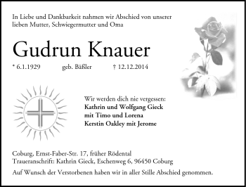 Traueranzeige von Gudrun Knauer von Neue Presse Coburg