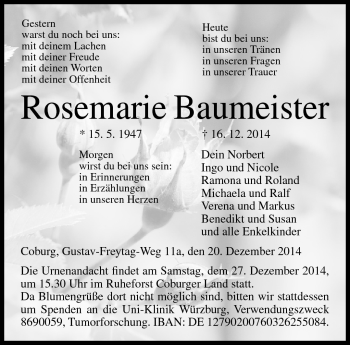 Traueranzeige von Rosemarie Baumeister von Neue Presse Coburg