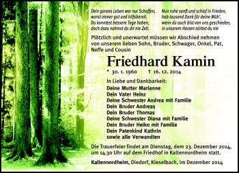 Traueranzeige von Friedhard Kamin von Südthüringer Presse