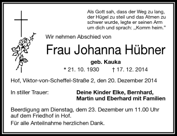 Traueranzeige von Johanna Hübner von Frankenpost