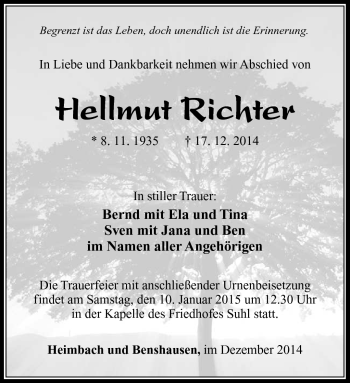 Traueranzeige von Hellmut Richter von Südthüringer Presse