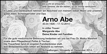 Traueranzeige von Arno Abe von Südthüringer Presse