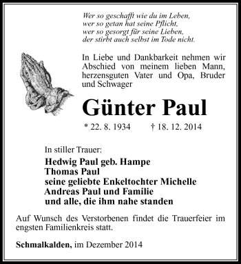 Traueranzeige von Günter Paul von Südthüringer Presse