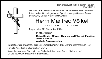 Traueranzeige von Manfred Völkel von Frankenpost