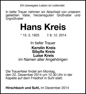Traueranzeige von Hans Kreis von Südthüringer Presse