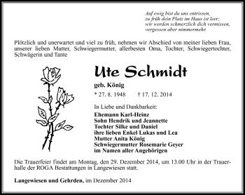 Traueranzeige von Ute Schmidt von Südthüringer Presse