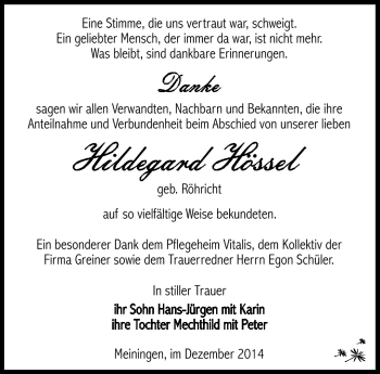 Traueranzeige von Hildegard Hössel von Südthüringer Presse