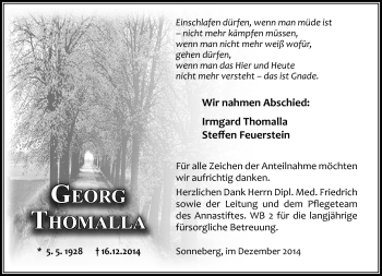 Traueranzeige von Georg Thomalla von Südthüringer Presse