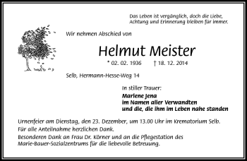 Traueranzeige von Helmut Meister von Frankenpost