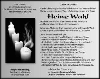 Traueranzeige von Heinz Wahl von Südthüringer Presse