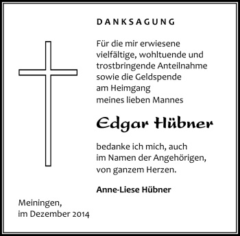 Traueranzeige von Edgar Hübner von Südthüringer Presse