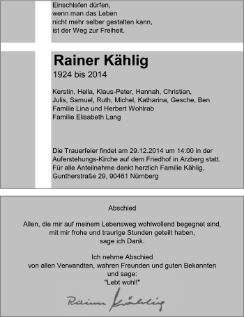 Traueranzeige von Rainer Kählig von Frankenpost