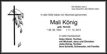 Traueranzeige von Mali König von Frankenpost