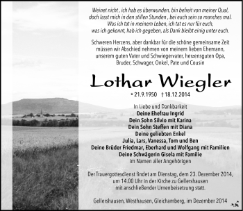 Traueranzeige von Lothar Weigler von Südthüringer Presse