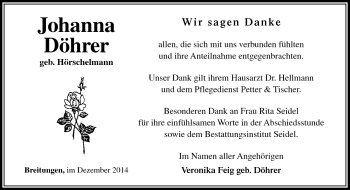 Traueranzeige von Johanna Döhrer von Südthüringer Presse