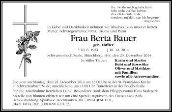 Traueranzeige von Berta Bauer von Frankenpost