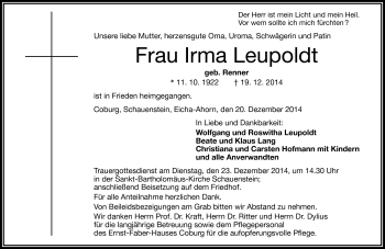 Traueranzeige von Irma Leupoldt von Frankenpost