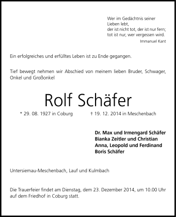 Traueranzeige von Rolf Schäfer von Neue Presse Coburg