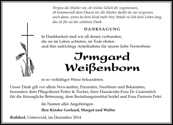 Traueranzeige von Irmgard Weißenborn von Südthüringer Presse