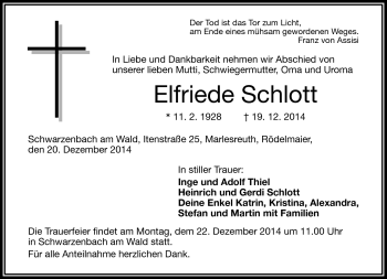 Traueranzeige von Elfriede Schlott von Frankenpost