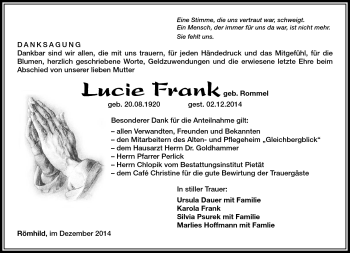 Traueranzeige von Lucie Frank von Südthüringer Presse