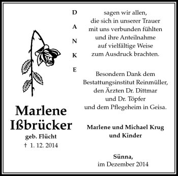 Traueranzeige von Marlene Ißbrücker von Südthüringer Presse