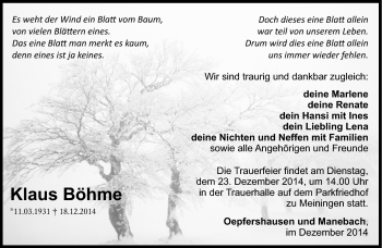 Traueranzeige von Klaus Böhme von Südthüringer Presse