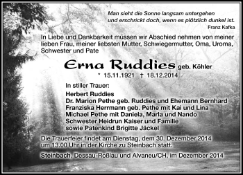 Traueranzeige von ERna Ruddies von Südthüringer Presse