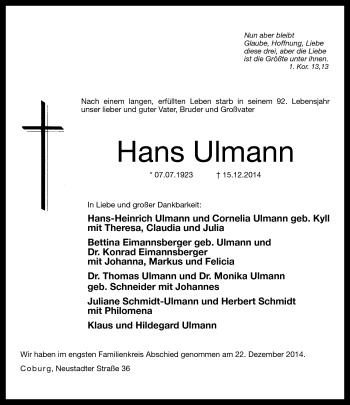 Traueranzeige von Hans Ulmann von Neue Presse Coburg