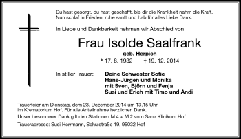 Traueranzeige von Isolde Saalfrank von Frankenpost