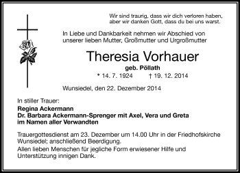 Traueranzeige von Theresia Vorhauer von Frankenpost
