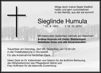 Traueranzeige von Sieglinde Humula von Frankenpost