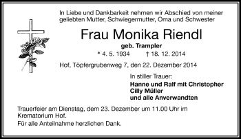 Traueranzeige von Monika Riendl von Frankenpost