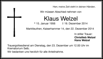 Traueranzeige von Klaus Welzel von Frankenpost