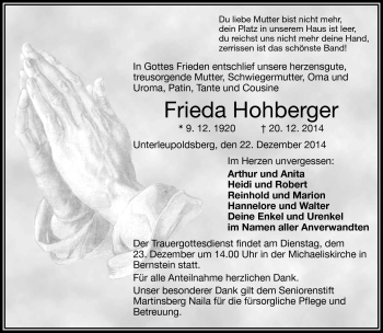 Traueranzeige von Frieda Hohberger von Frankenpost