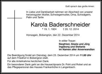 Traueranzeige von Karola Baderschneider von Frankenpost