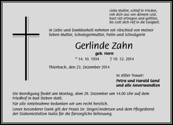 Traueranzeige von Gerlinde Zahn von Frankenpost