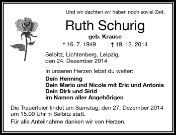 Traueranzeige von Ruth Schurig von Frankenpost