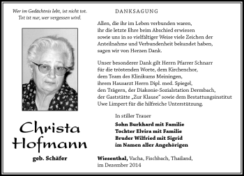 Traueranzeige von Christa Hofmann von Südthüringer Presse