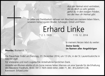 Traueranzeige von Erhard Linke von Neue Presse Coburg