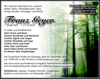 Traueranzeige von Franz Geyer von Südthüringer Presse