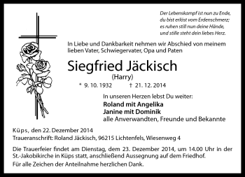 Traueranzeige von Siegfried Jäckisch von Neue Presse Coburg