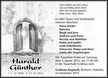 Traueranzeige von Harald Günther von Südthüringer Presse