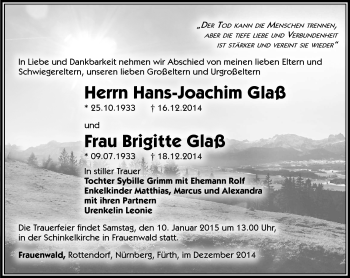 Traueranzeige von Hans JoachimBrigitte GlaßGlaß von Südthüringer Presse