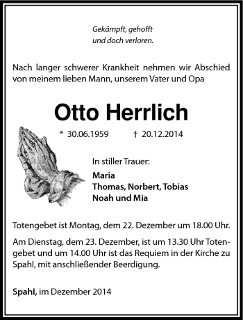 Traueranzeige von Otto Herrlich von Südthüringer Presse