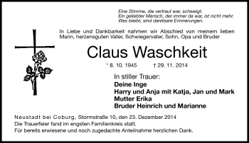 Traueranzeige von Claus Waschkeit von Neue Presse Coburg