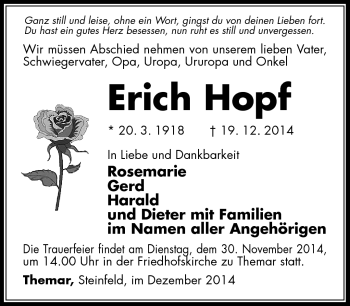 Traueranzeige von Erich Hopf von Südthüringer Presse