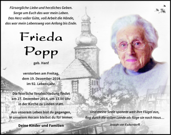 Traueranzeige von Frieda Popp von Südthüringer Presse