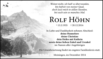 Traueranzeige von Rolf Höhn von Südthüringer Presse